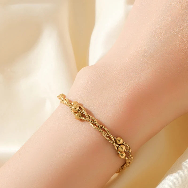 Exquisite 316L Stainless Steel Golden Beads Wound Chain Bracelet for Women - Trendy Charm Jewelry Perfect for Any Occasion