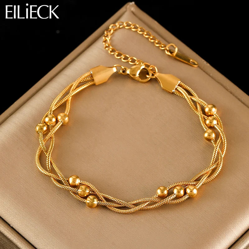 Exquisite 316L Stainless Steel Golden Beads Wound Chain Bracelet for Women - Trendy Charm Jewelry Perfect for Any Occasion