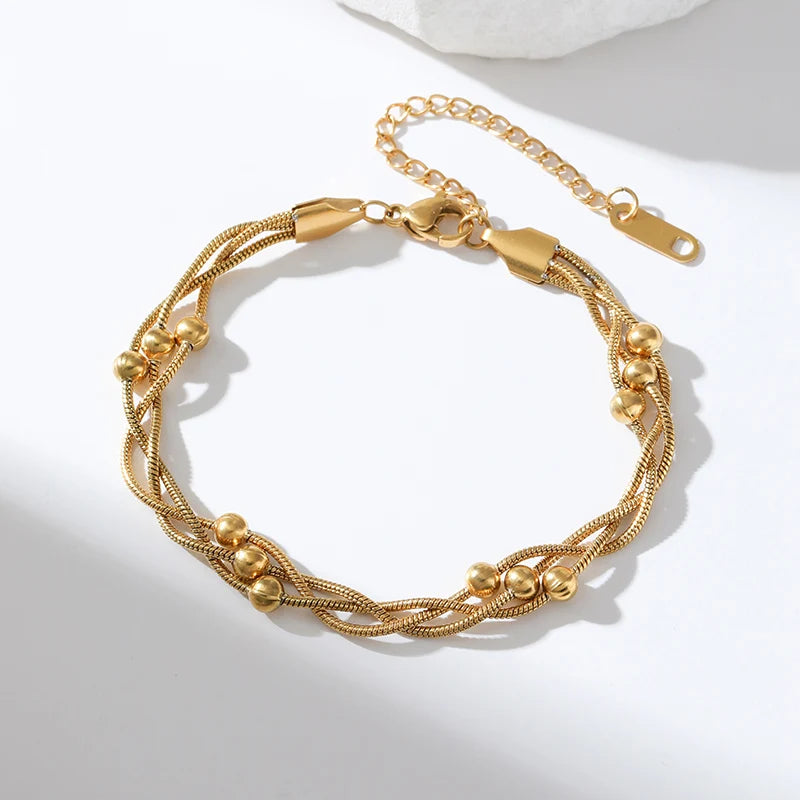 Exquisite 316L Stainless Steel Golden Beads Wound Chain Bracelet for Women - Trendy Charm Jewelry Perfect for Any Occasion