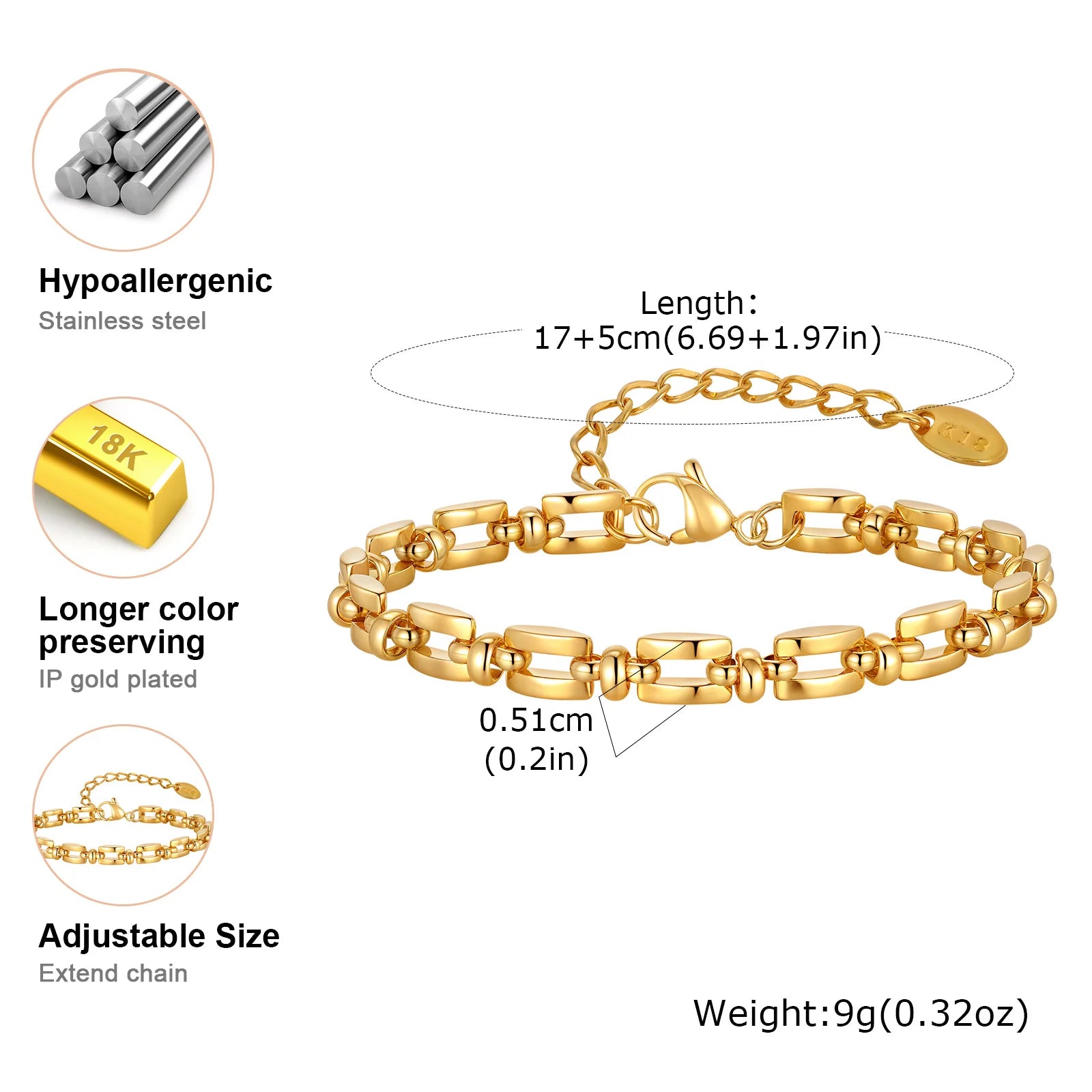 Stunning 18K Gold Plated Stainless Steel Chain Bracelet for Women - Non-Tarnish, Adjustable Geometric Link Jewelry Gift