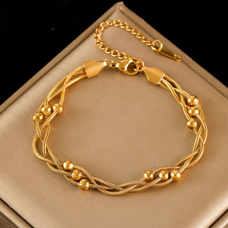 Exquisite 316L Stainless Steel Golden Beads Wound Chain Bracelet for Women - Trendy Charm Jewelry Perfect for Any Occasion